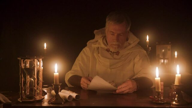 medieval scene of a man opening and writing in a scroll