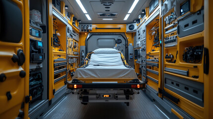 A mobile hospital bed inside an ambulance, paramedics providing urgent medical assistance