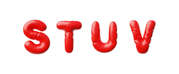 3D English alphabet uppercase letters S T U V from red air inflated balloon, vector render type symbol, puffy font signs