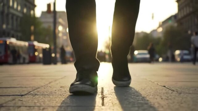 Urban Stroll in Sunlight: An evocative low-angle shot captures a person's legs as they stride purposefully along a sun-drenched city walkway, the sunlight creating a striking silhouette. 