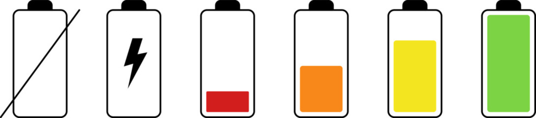 Battery life icon set, battery charge indicator. Battery charge level indicator. Battery Icon Set. Battery Charging And Power Level Symbol Collection. Isolated Vector Illustration