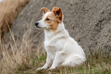Small dog resting on grass near rocky terrain during a quiet day outdoors