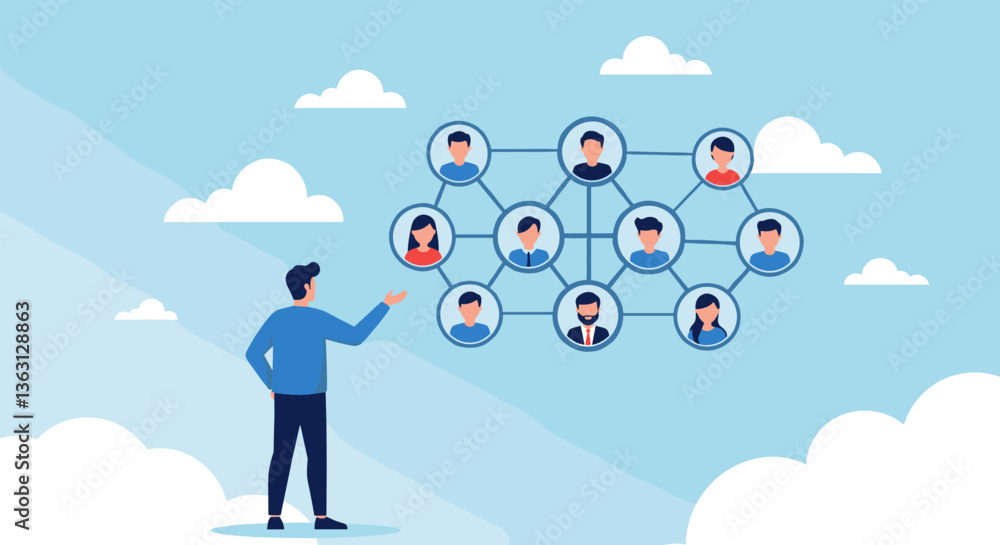 Poster man looking at a network of people. concept of connection and communication.