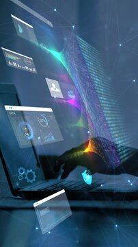 woman analyst uses a computer AI artificial intelligence and dashboard for data business analysis and Data Management System with KPI and metrics connected to the database for technology finance,

