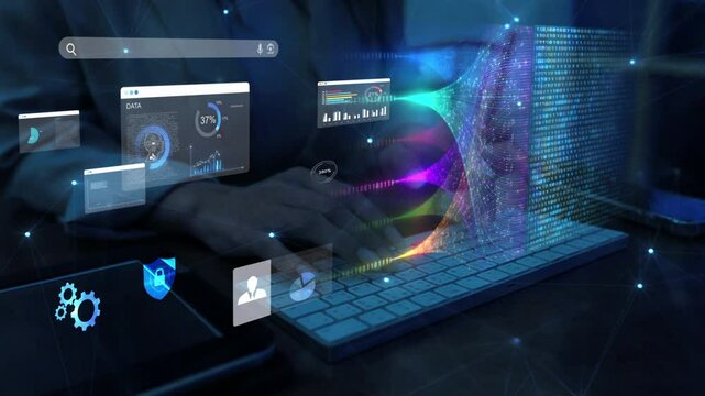 woman analyst uses a computer AI artificial intelligence and dashboard for data business analysis and Data Management System with KPI and metrics connected to the database for technology finance,

