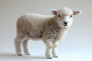 Fototapeta premium Cute baby lamb standing on white background showcasing fluffy wool and adorable expression