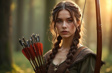 Beautiful woman archer with bow, arrows in forest. Forest hunter holding bow looking at camera. Young female warrior in fantasy medieval outfit with braids. Perfect shot for games, fantasy novels