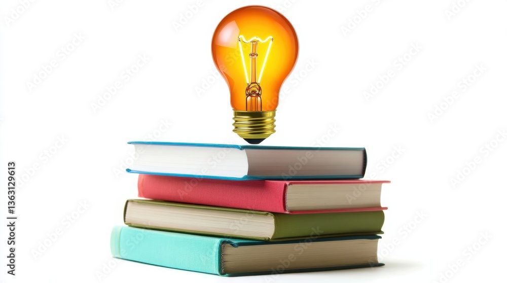 Poster a stack of colorful books topped with a glowing light bulb, symbolizing knowledge and creativity.