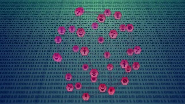 Hexagonal icons in animation over binary code, showing digital network connections