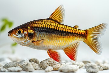 Fototapeta premium Close-up of a vibrant goldfish with striking scales amidst pebbles in a serene aquatic setting