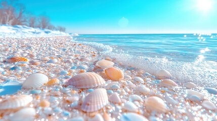 Tall conch shell partially buried in golden sand, gentle waves in the blurred background, minimal and stylish.