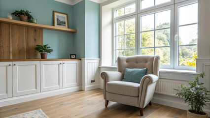 Fototapeta premium modern living room or hall interior with comfortable armchair located by window.