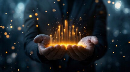 Businessman holding a glowing bar chart, economic growth concept generative ai