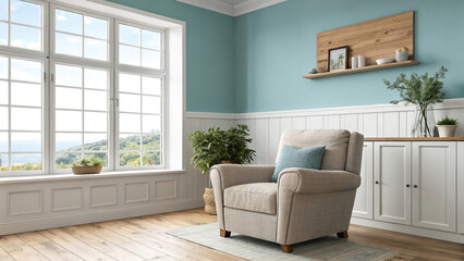 Fototapeta premium modern living room or hall interior with comfortable armchair located by window.