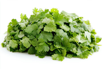 Obraz premium Pile of fresh coriander leaves on a rustic wooden table, vibrant green color pops against the natural tones, ideal for culinary use.