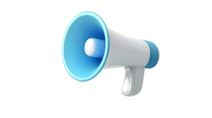 Futuristic 3D blue speech bubble with a white megaphone floating against a clean crisp white background symbolizing media alerts voice amplification social engagement and modern communication