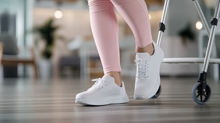 Elderly woman in a pink sweater uses a walker while walking on white wooden flooring in a bright, airy home with plants