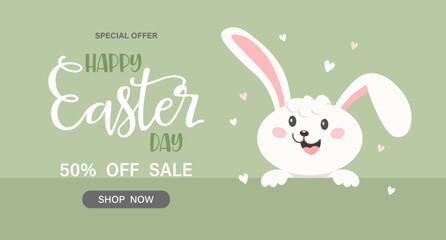 Easter discount banner with cute funny bunny. Holiday sale banner. Illustration
