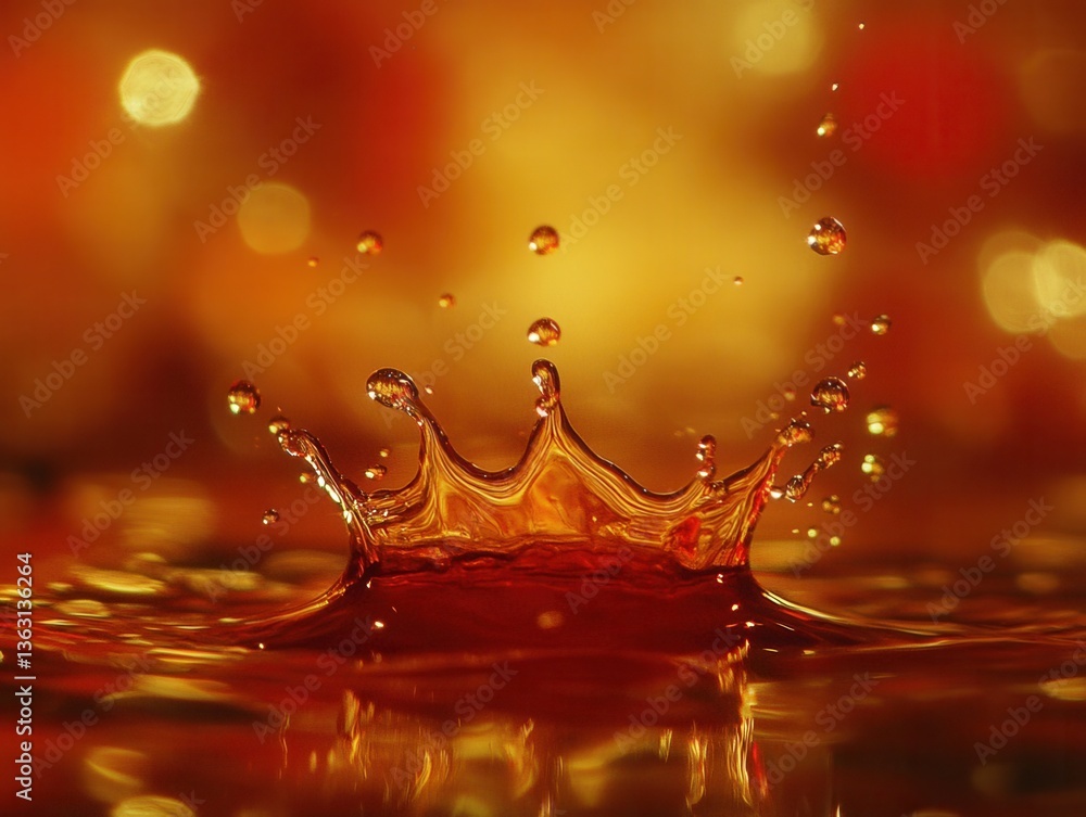 Poster liquid amber splash in golden light with bokeh background creating dynamic movement and vibrant colo