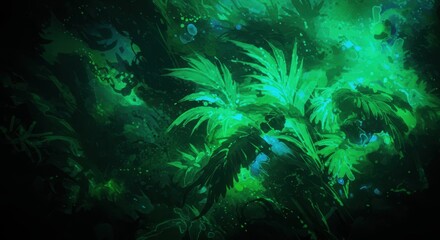 Naklejka premium Lush Greenery with Vibrant Plants Illuminated in a Dark Environment
