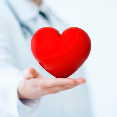 Obraz premium doctor's hand holds out 3D holographic image of heart insides, heart health concept