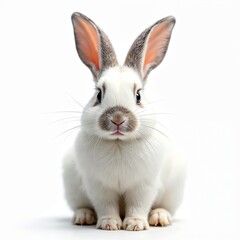 Fototapeta premium Adorable white rabbit isolated on white background. Fluffy pet with cute face, long ears. Domestic animal, symbol Easter. Ideal for pet store promo, kids content or springtime designs.