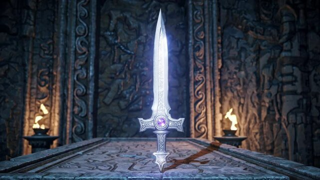 A mystical sword embedded in a stone altar, captured from a low-angle in a dimly lit, ancient temple setting, reminiscent of a fantasy video game.
