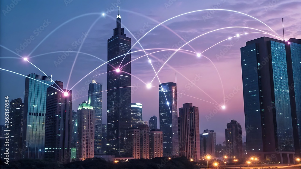 Poster futuristic cityscape with network connections: a nighttime view of modern architecture and digital c