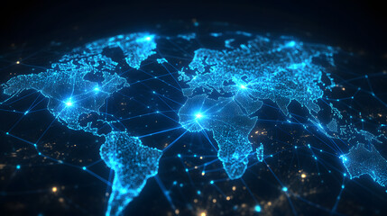 Global Network: Digital World Map with Glowing Connections