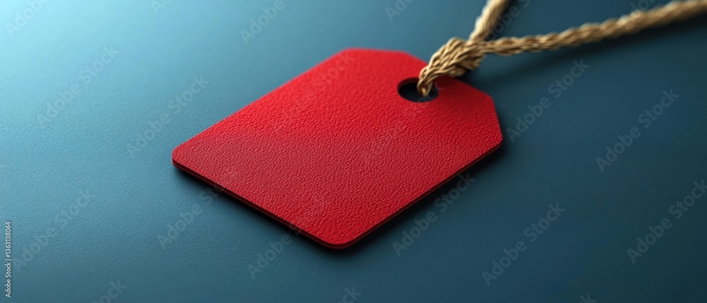 Poster vibrant red textured tag with golden string on serene blue background for retail and promotion conce