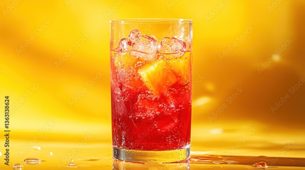 Poster refreshing red cocktail with ice cubes and pineapple chunks on a vibrant yellow background creating 