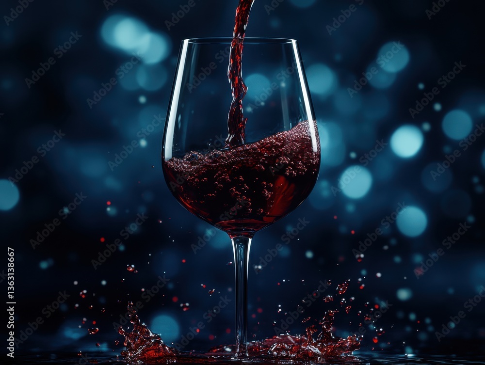 Poster elegant red wine pouring into a glass creating splash against a blurred bokeh background in a sophis