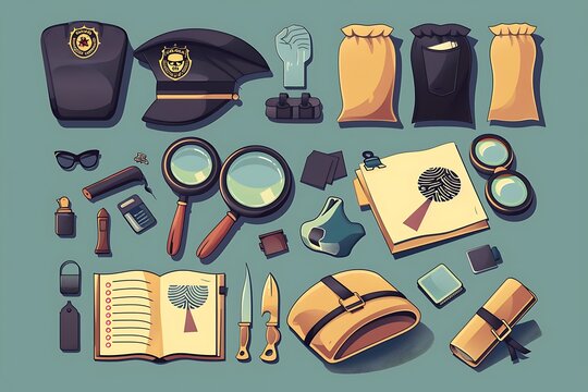 •  A set of detective icons, including magnifying glasses, fingerprints, police badges, evidence bags, and notepads.