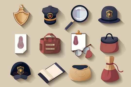 •  A set of detective icons, including magnifying glasses, fingerprints, police badges, evidence bags, and notepads.