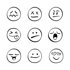 Variety of expressive faces showing different emotions in a simple design with black outlines on a white background