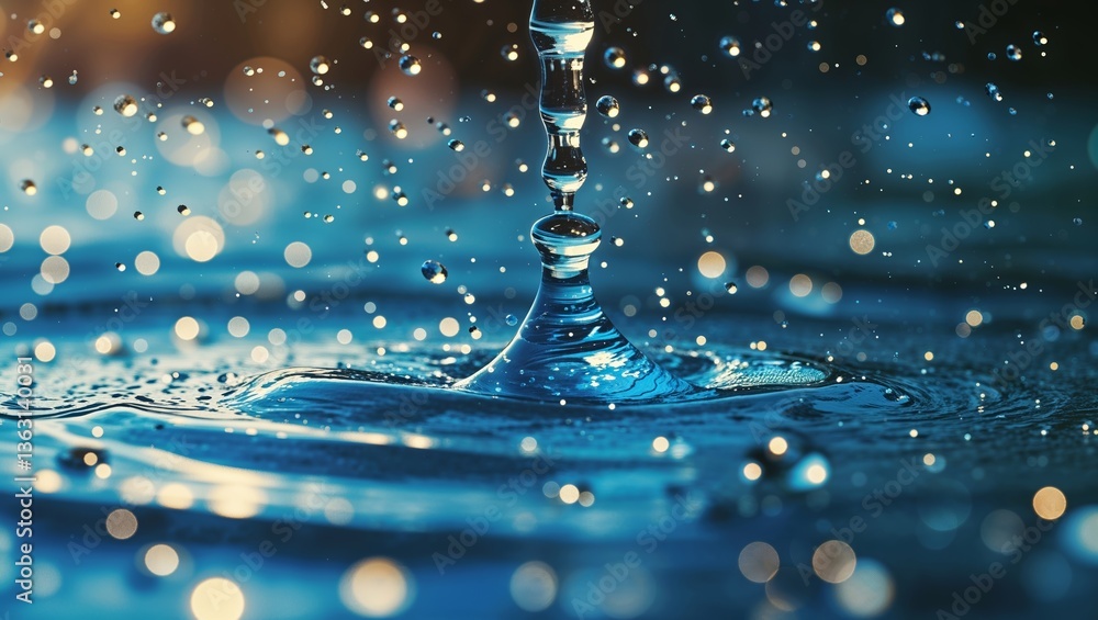 Poster close-up view of a water droplet creating ripples in a tranquil pool during daytime with glimmering 