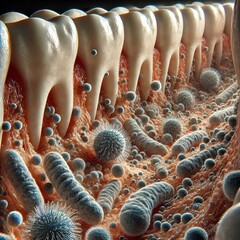 A hyper-realistic close-up of a dental microbiome, showcasing diverse bacteria and biofilm on teeth and gums under dramatic cinematic lighting