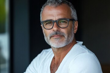 Obraz premium Older man with silver hair and glasses looks confidently at the camera while sitting indoors with a neutral background