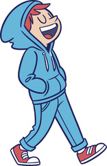 A boy is walking with a big, joyful smile, his hands in his pockets, exuding happiness and contentment | Adobe Illustrator Artwork
