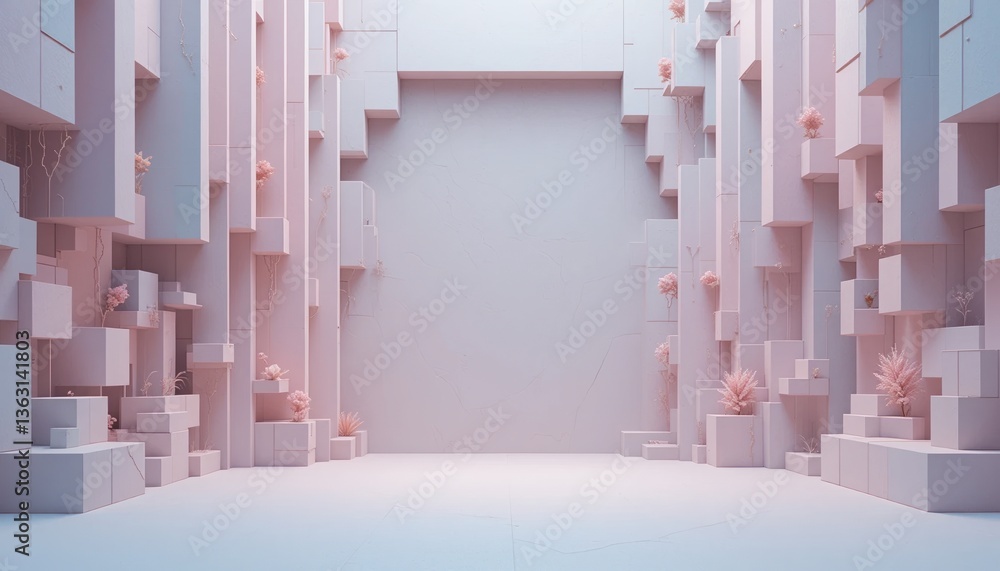 Poster contemporary minimalist design showcase modern art gallery 3d visual render serene environment wide-
