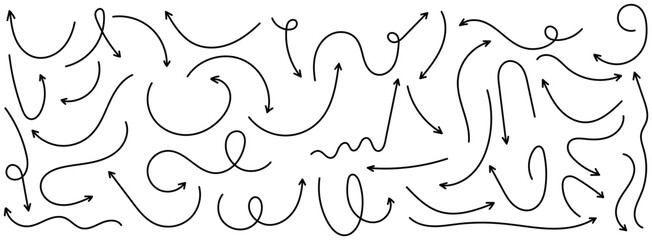 Hand drawn freehand different curved lines, swirls arrows. Doodle marker drawing, black chalk smears. Direction pointers. Vector curvy, wavy and straight arrows isolated on white background