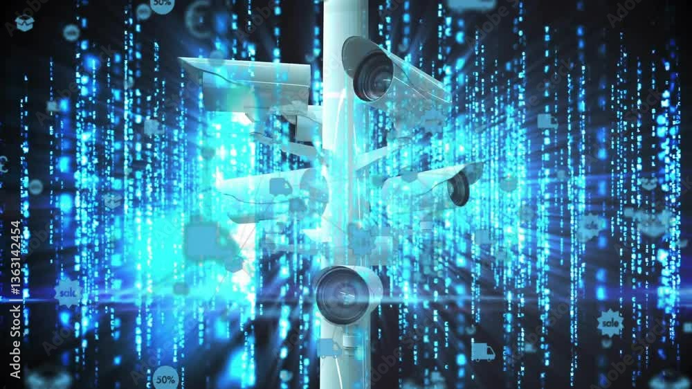 Poster animation of surveillance cameras with digital binary code and data streams