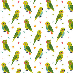 Children's seamless pattern with budgies of green color