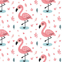 Children's seamless pattern with pink flamingos, hearts, pink and blue leaves and branches