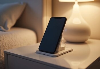 smartphone charging on wireless phone charger on bedside table in bedroom
