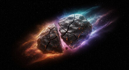 Fototapeta premium Cosmic rocks breaking apart in a colorful nebula with starry background