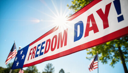 Freedom Day celebration banner with sunlight and flags  