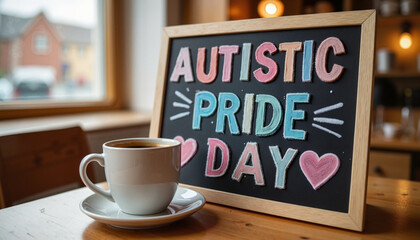Coffee cup beside Autistic Pride Day sign in cozy café background  