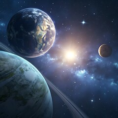 Fototapeta premium Magnificent celestial view showcasing planets, stars, and cosmic gas in a breathtaking, otherworldly landscape, captivating for deep space exploration themes.