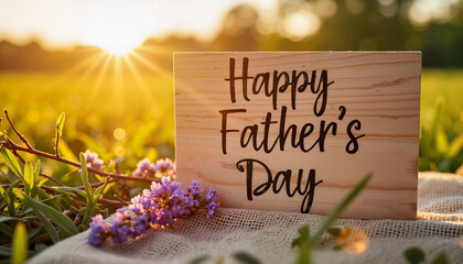 Naklejka premium Happy Father's Day greeting in nature at sunset 